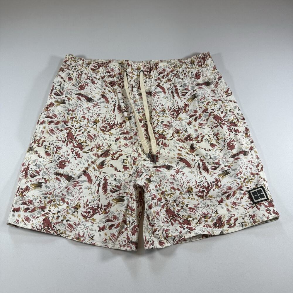 Insight Mens Shorts Sz Small Beige Red Patterned Stretch Hybrid Trunks Pockets